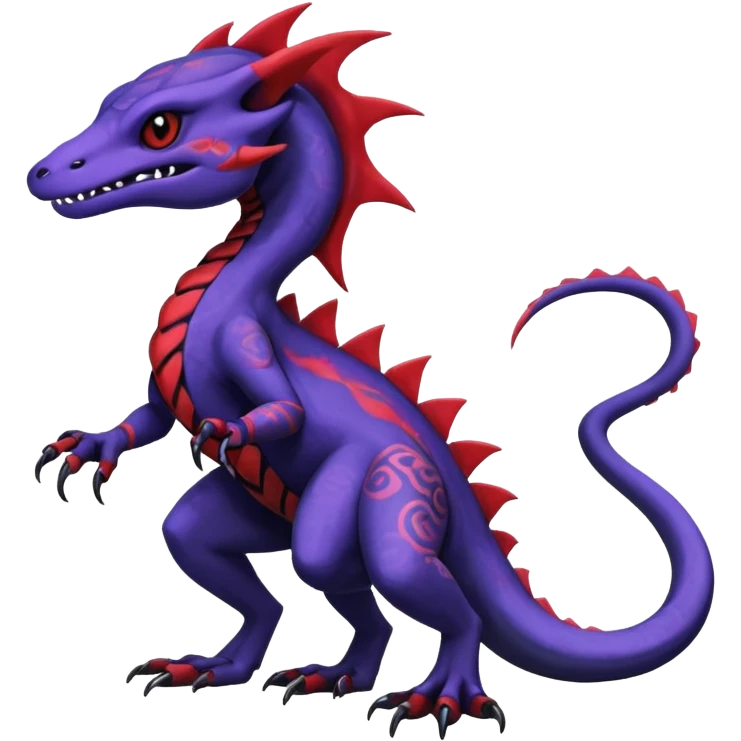 Rare warm-colored exotic gloomy tropical edgy cute epic aesthetic spooky indigo purple white black red gothic colorful Salandit-charmeleon-sergal-species-Fakemon-hybrid-creature, with tribal tattoo markings, full body emoji