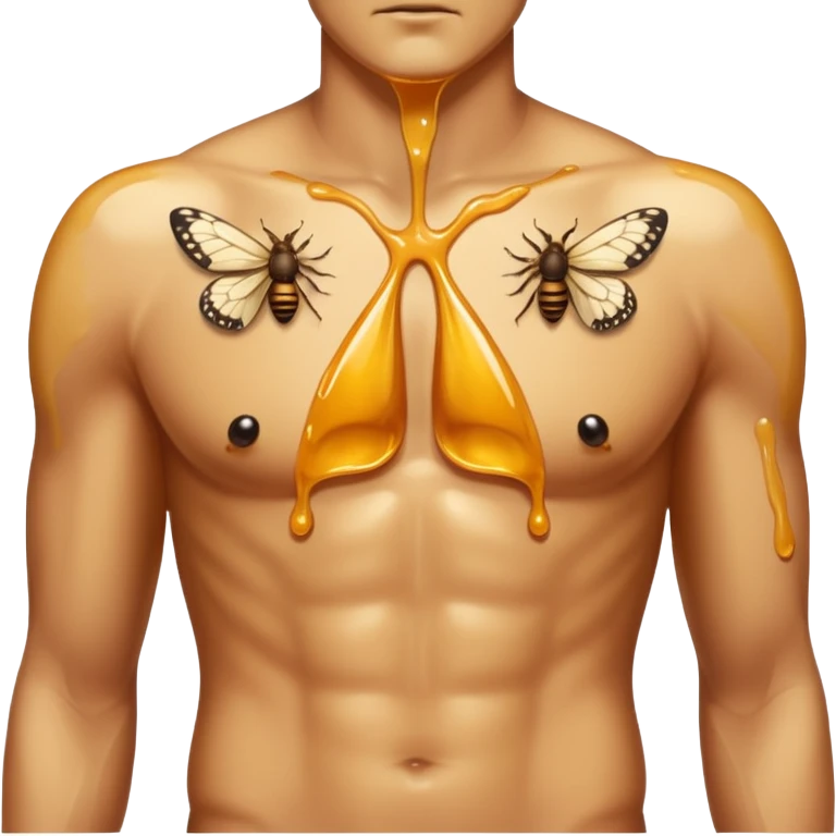 close up male torso with honey gloss drip nd moths nearby emoji