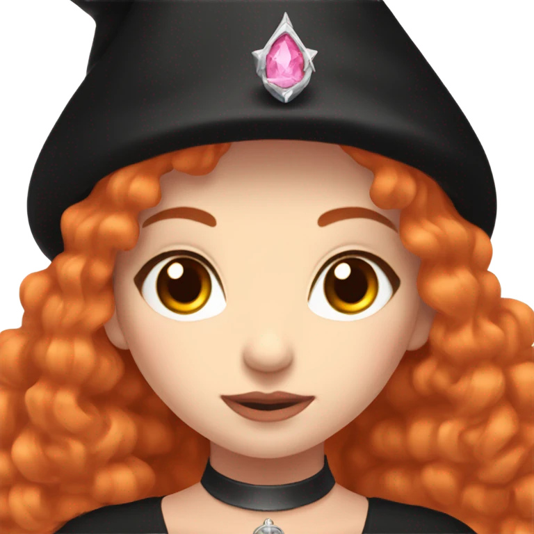 pale young witch wearing a low cut black dress, a pink crystal necklace, and a witch hat, with red hair (Orange) and bright brown eyes, making prayer hand emoji