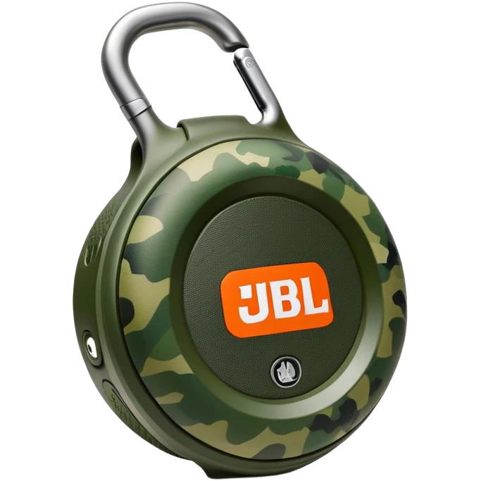 Simple JBL Clip 4 speaker with round body, built-in carabiner, green camo pattern, and JBL logo on front, iOS emoji style emoji