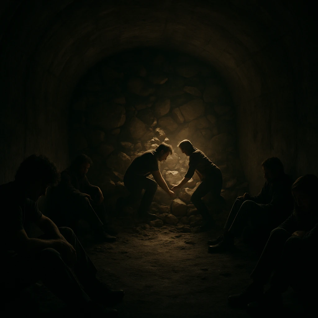 A group in a dark tunnel facing a collapsed exit. Most people sit in despair or distraction, two try to clear the rubble or find a way out. Lighting on the two, others in shadow. Conceptual, symbolic, cinematic, hyperrealistic 4K. emoji
