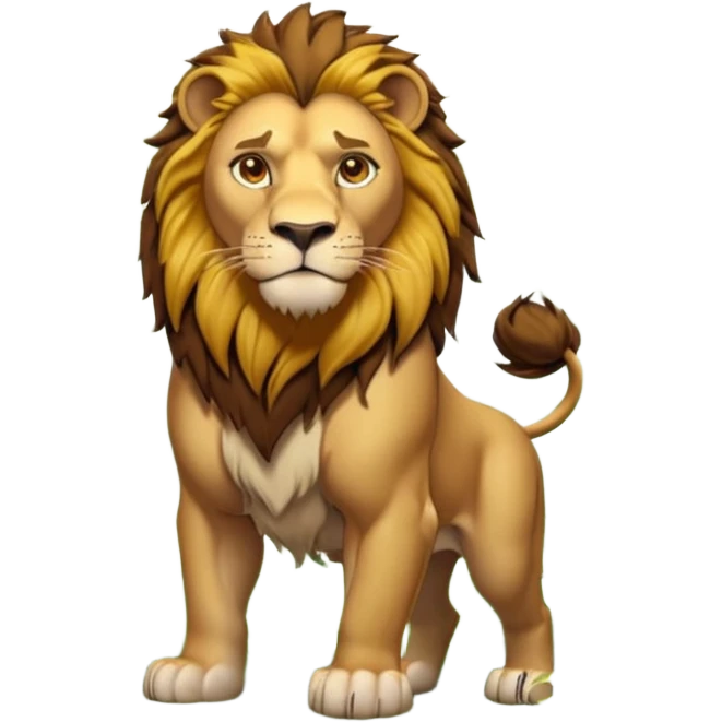 3D cartoon style, vertical 9:16. A dense green jungle with tall trees, morning sunlight beams through leaves, light fog. In the center stands a 5.5 ft strong muscular lion with golden fur, dark brown mane, amber eyes, light battle scars, no clothes, calm expression emoji