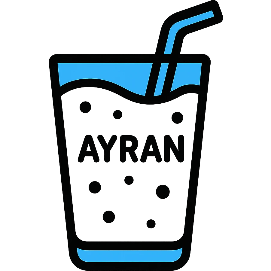 stylized flat design icon of Ayran beverage in a glass with white liquid, blue accents, and a straw, easy to recognize emoji