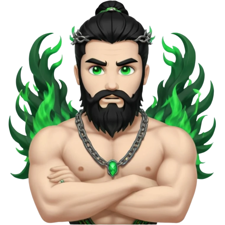 hades greek god with green flames and beard with chains on his arms and neck, Long hair. Dynamic pose emoji