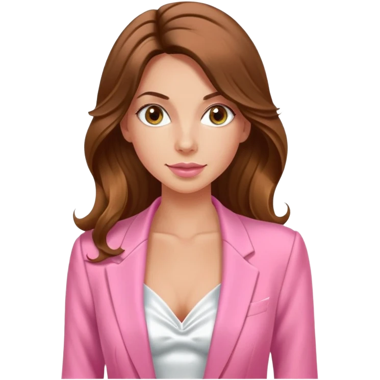 uma mulher de pele clara bronzeada, cabelo castanho longo e ondulado, olhos puxados
usa um blazer na cor rosa chiclete e uma blusa com tecido acetinado branco com alças finas e decote drapeado estilo “cowl neck”, trazendo um ar romântico e delicado. emoji