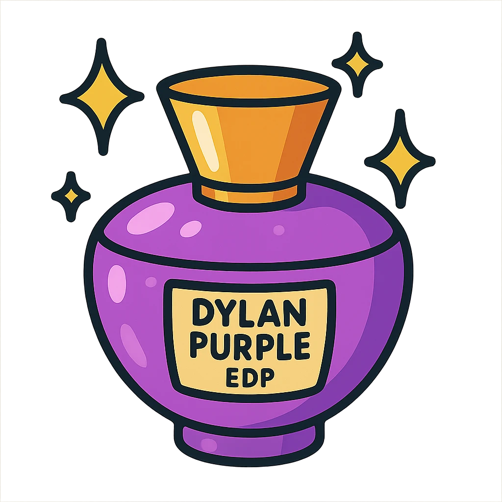 cartoonish purple perfume bottle with a golden cap, sparkling, labeled 'Dylan Purple EDP' emoji