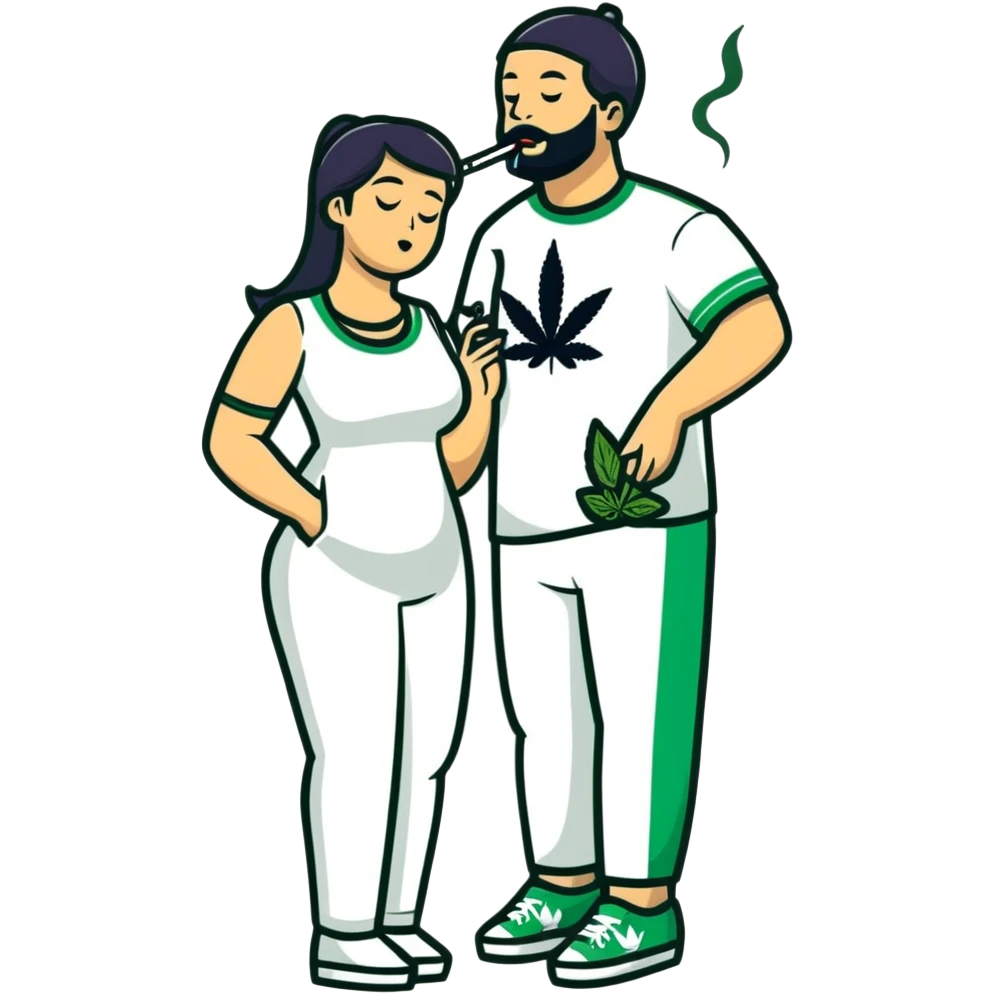 Cartoon couple sneaking into wedding ceremony, both smoking marijuana, full body, tiptoeing with hunched posture emoji