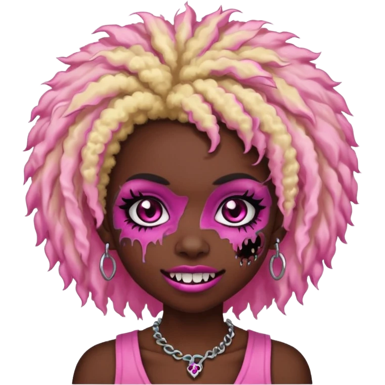 girl, zombie,pink and blonde afro, medium long, emo, shaggy, dark, spooky,double eyebrow dermal piercing, cute illuminous smile emoji