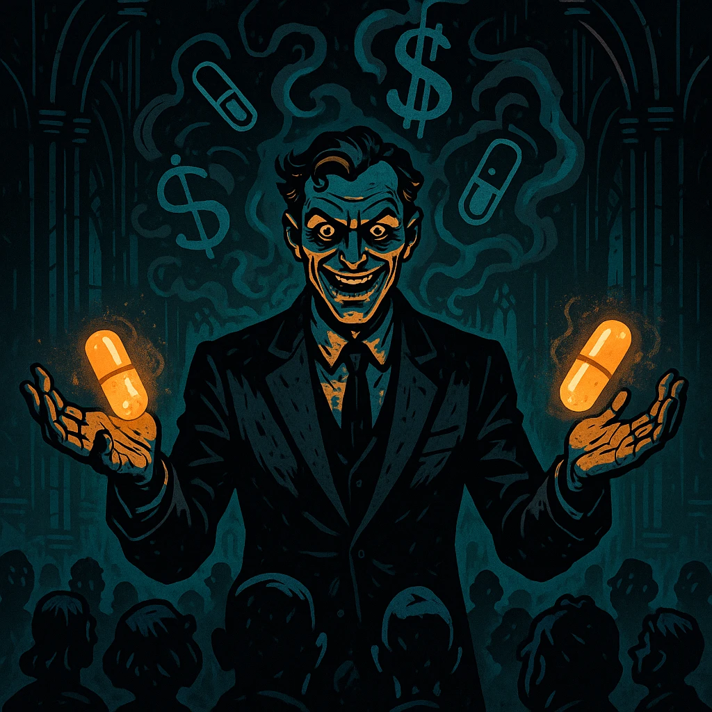 Charismatic man in a suit, glowing pills in hands, hypnotizing crowd, swirling pharmaceutical symbols, dollar signs in smoke, gothic neon-lit stage, cinematic lighting, hyper-detailed, Mike Mignola meets cyber-noir. Variant 7, more focus on pills. emoji