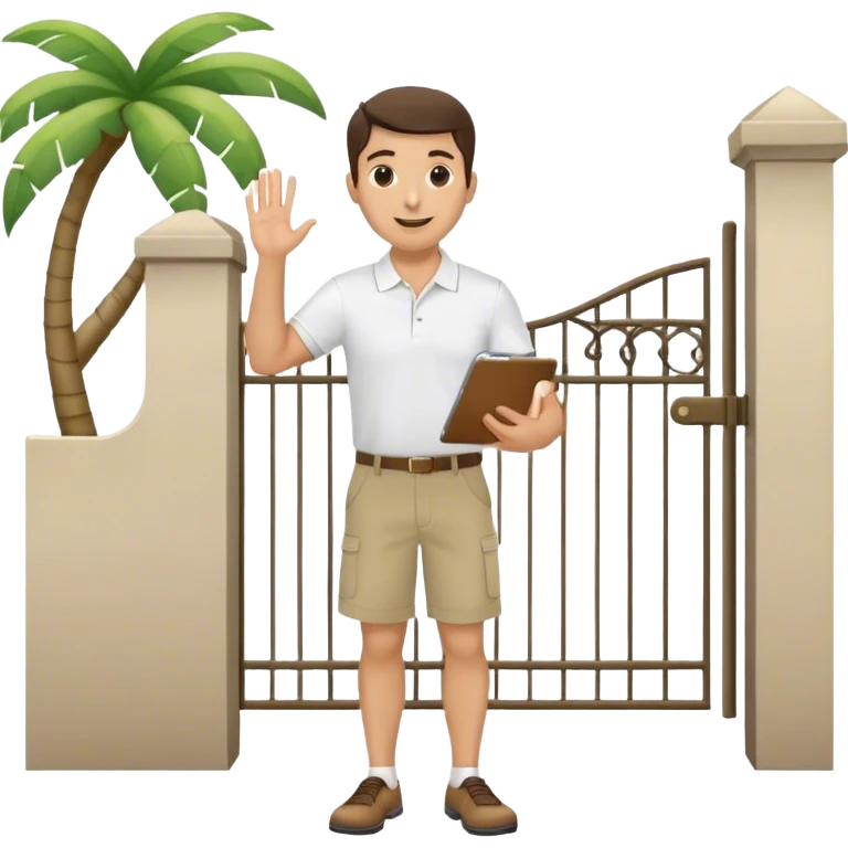 Pool attendant. white polo shirt. khaki shorts. waving. hispanic. standing next to gate. holding clipboard emoji