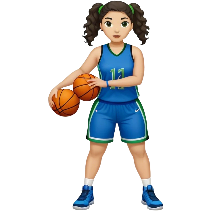 full body plus size light skin latino women basketball player with wavy dark hair in pony tail wide nose wearing blue uniform with green accent emoji
