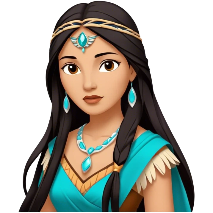 Cinematic Majestic Pocahontas Portrait Emoji, rendered in a clean, vector-style with bold shapes. Show Pocahontas with a serene, noble expression, radiant sun-kissed skin, and elegantly flowing dark hair, dressed in traditional garments with subtle turquoise accents. The design radiates a majestic, natural glow, high shine, and a soft glowing outline, capturing her regal beauty. emoji