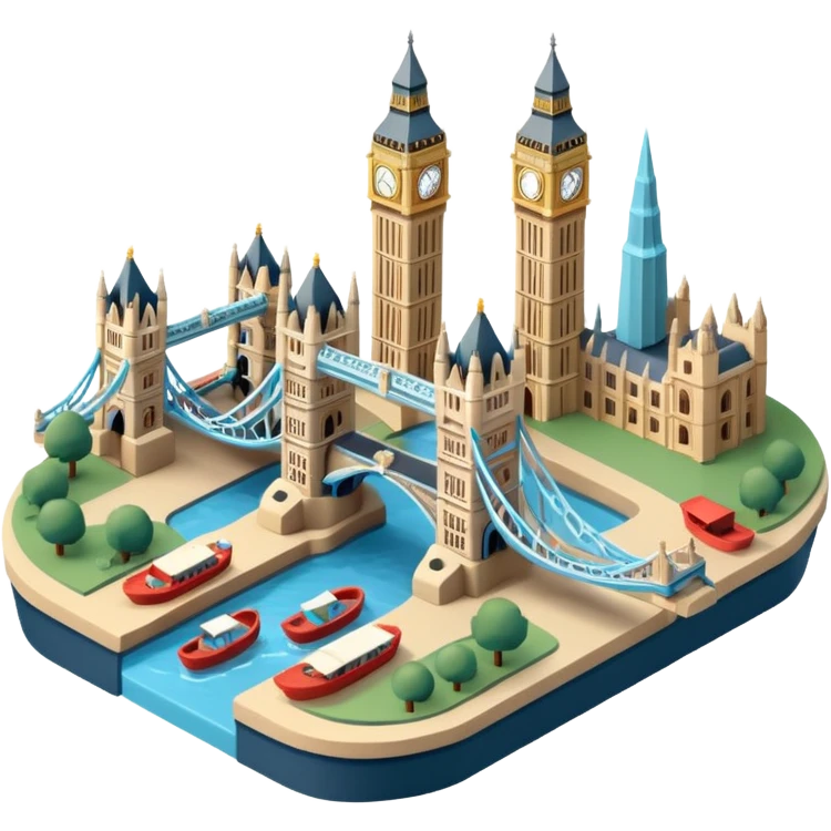 Isometric illustration of London with Tower Bridge over a small river section, toy-style boats, Big Ben peeking in background, vibrant yet muted colors, in miniature diorama style. emoji