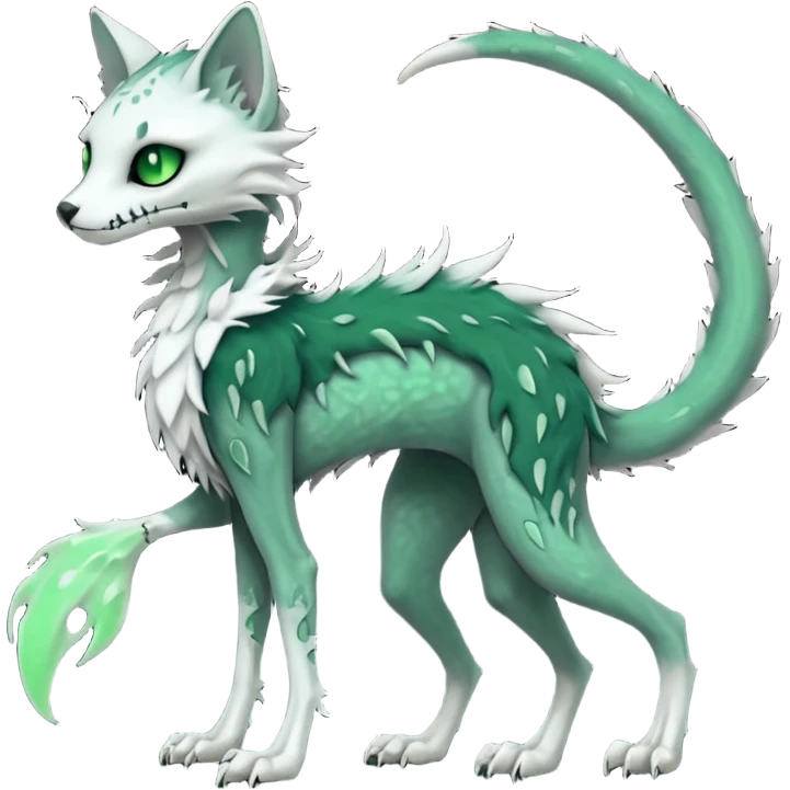 Kawaii spectral spooky dark bleak blackish swampy white-skeletal gloomy ghostly dark greyish dark-deep-greenish foggy eldritch beautiful realistic edgy fantasy ghoul-like stitched feline-vernid-sergal-fursona animal creature with a tufted tail full body with intricate markings  emoji