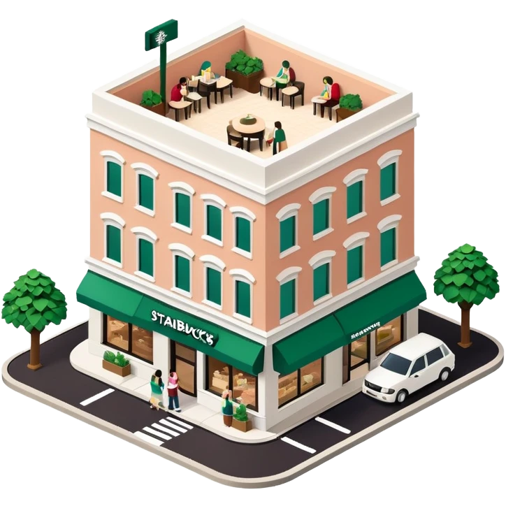 Starbucks exterior, isometric dollhouse-style, realistic emoji