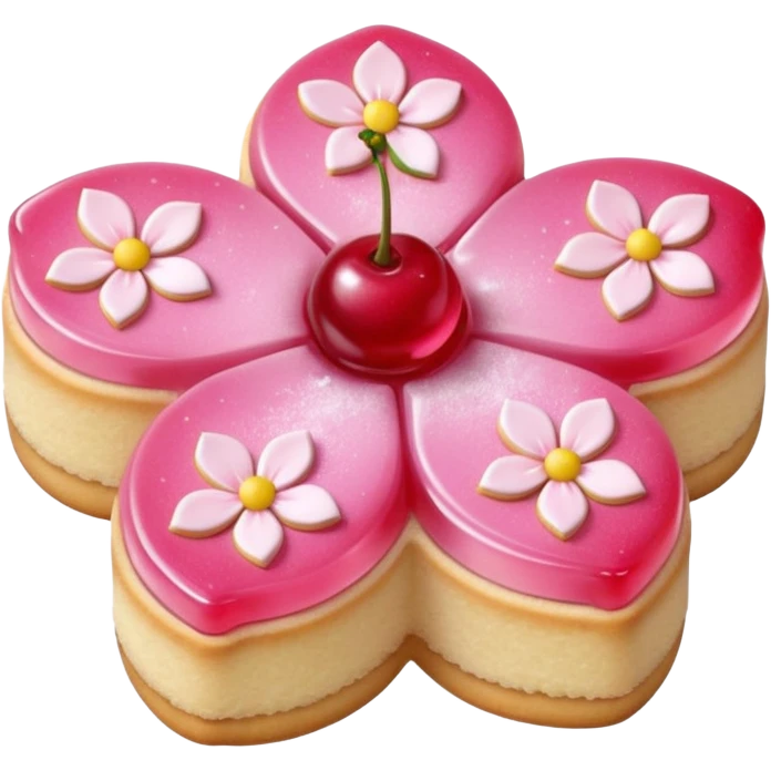 Realistic shortbread cookie in the shape of a cherry blossom with pale pink color jelly middle filling and sprinkled powder sugar on top. emoji