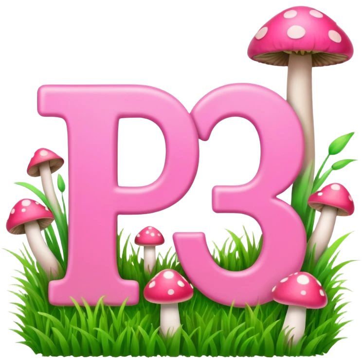 P.P letters, pink and green, with grass growing, mushrooms around emoji
