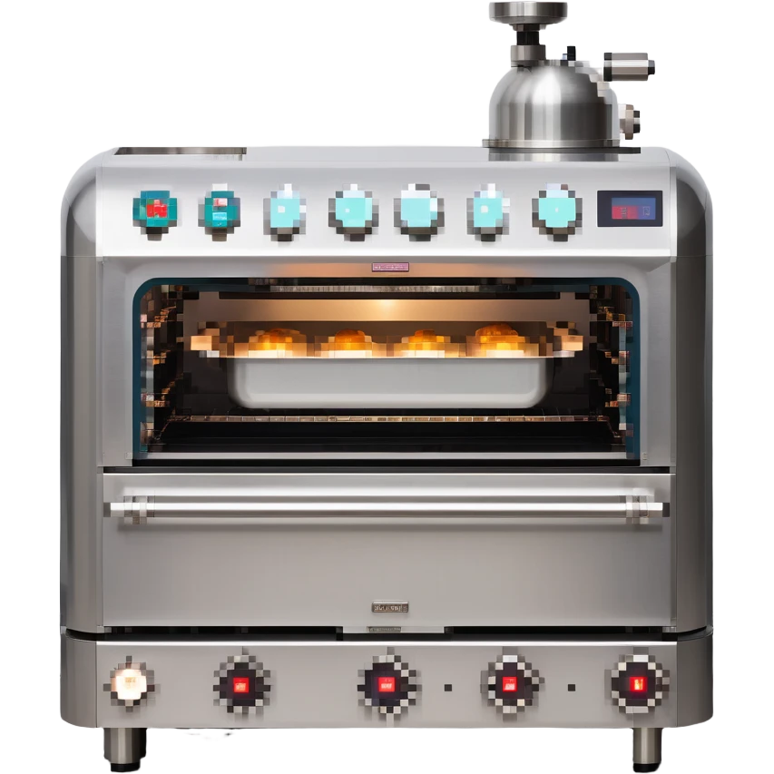 A robotic baker with stainless steel limbs, built-in mixers, and a retro-futuristic oven. The environment is industrial-chic: brushed metal surfaces, LED panels, and mechanical arms. UI mimics control panels with toggle switches, rivets, and analog dials. emoji
