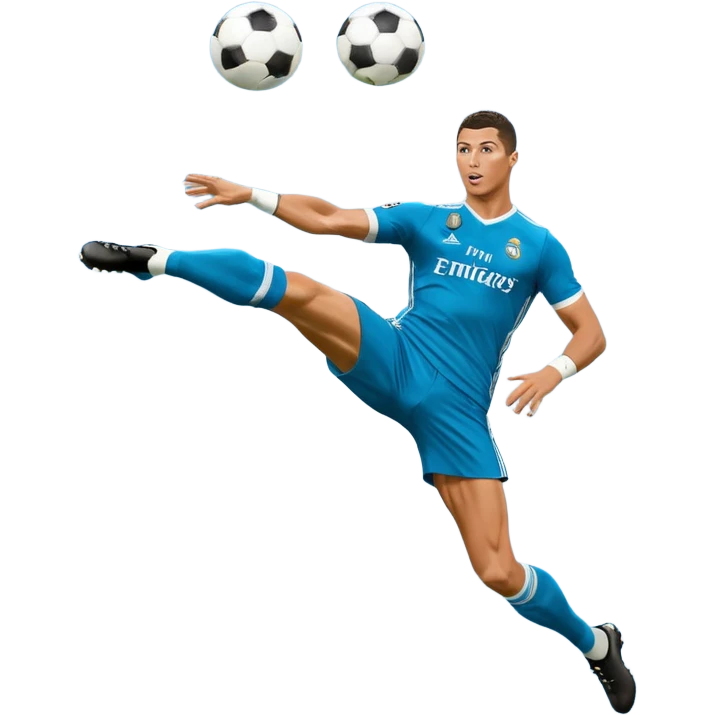 Ronaldo doing a bicycle kick with football in mid air While wearing a Retro blue Real madrid kit and yes i want it to be exactly the same as he Scored it in 2018 vs Juventus  emoji