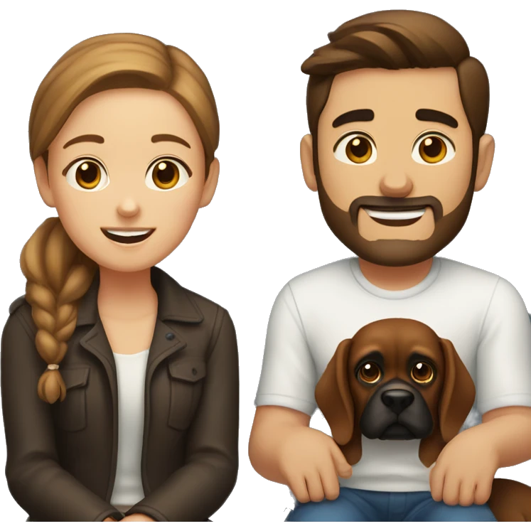 a girl with brown hair, and a man with short buzz brown hair with a beard, sitting with two dark brown boxer dogs emoji