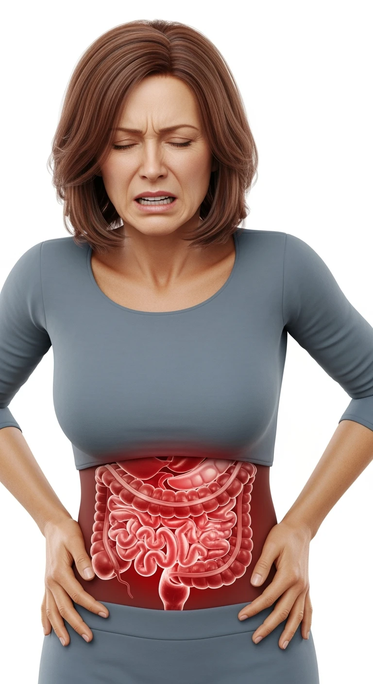 DONNA 50ENNE CON INTESTINO ANATOMICO REALISTICO DOLORANTE VISIBILE, iperrealistico 4k, ISOLATA SU SFONDO BIANCO emoji