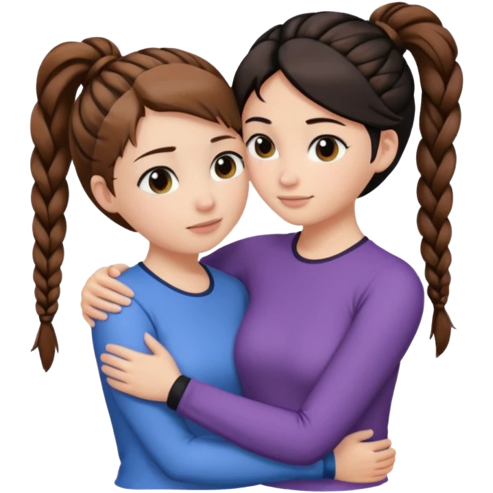 Comforting Hug two white skin women, one shorter woman with brown hair in top ponytail, not braided, and one taller woman with black hair in long side braid emoji