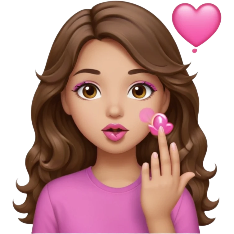 girl with long wavy brown hair, brown eyes, light to medium complexion, in a pink shirt, pink lips, long lashes, blowing a kiss emoji