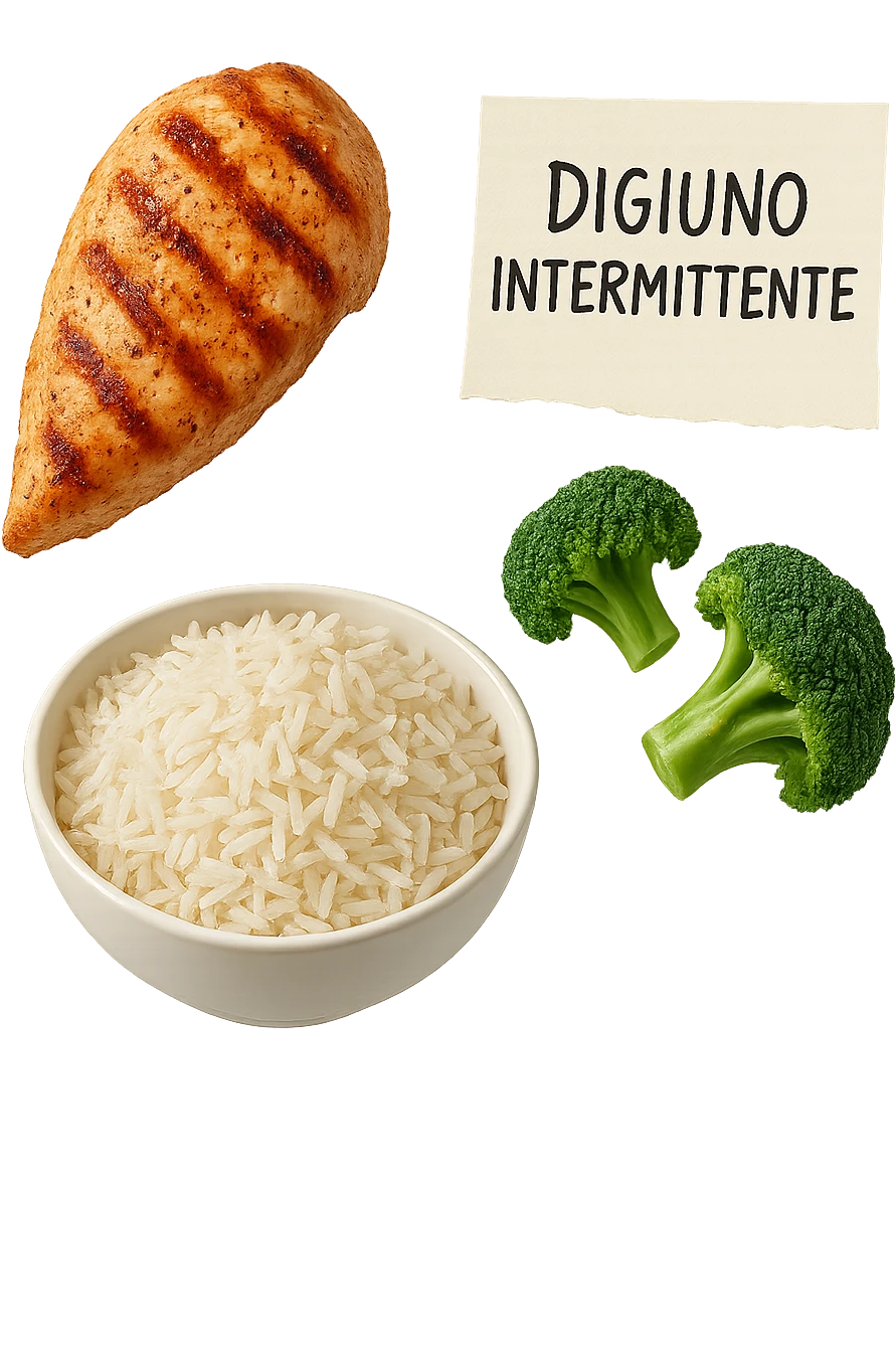petto di pollo grigliato, bowl di riso basmati e broccoletti fluttuano in aria insieme ad un foglio con la scritta "DIGIUNO INTERMITTENTE", iperrealistico 4k emoji