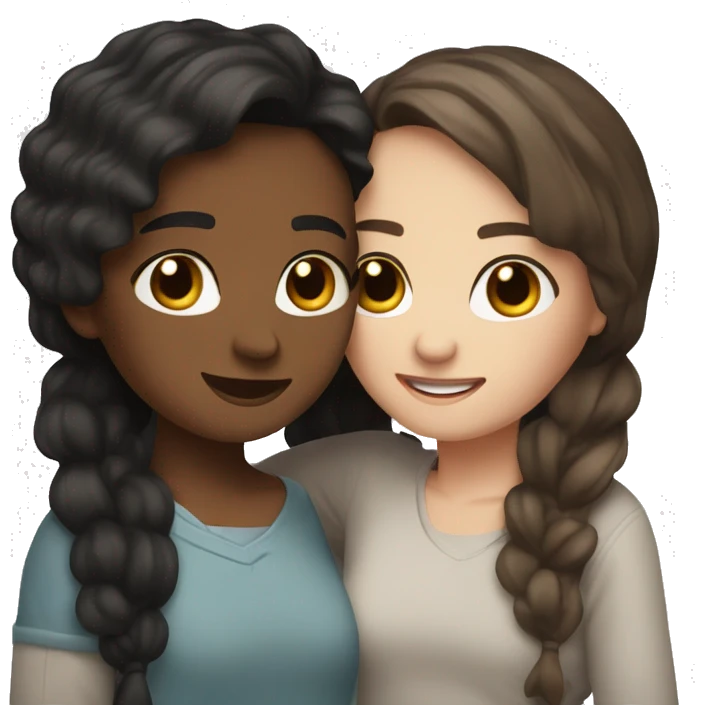 Two best friends hugging one with wavy black hair and the other with straight brown hair with highlights. Both white skin emoji