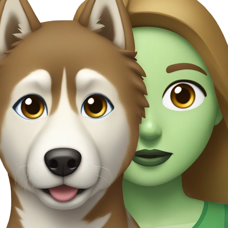 Brown hair  woman with blue eyes with a golden Husky with green eyes emoji