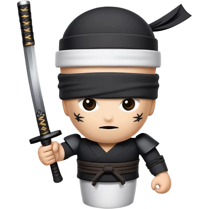 A paper coffee cup with arms and eyes, wearing a black ninja headband and wielding a samurai katana emoji