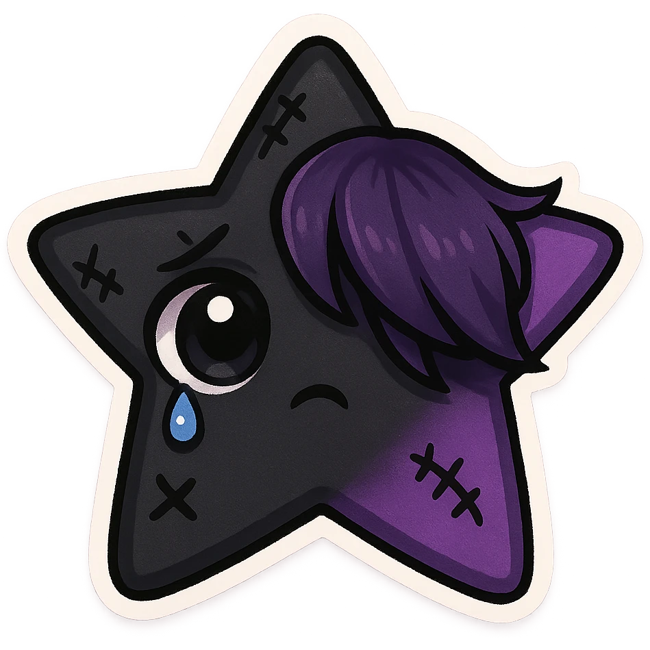 emo star, chibi style, black and purple, stitched, teardrop, dramatic shadows, big eyes emoji