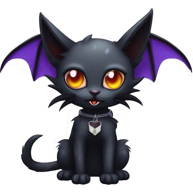  cool edgy kawaii ethereal dark-punk-themed animal vampiric cat-hybrid Fakemon with fangs and bat-wing-ears with a collar full body emoji