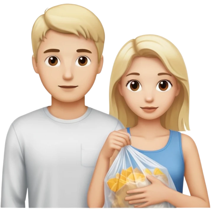 Blonde guy and blonde girl with brown eyes holding a plastic bag emoji
