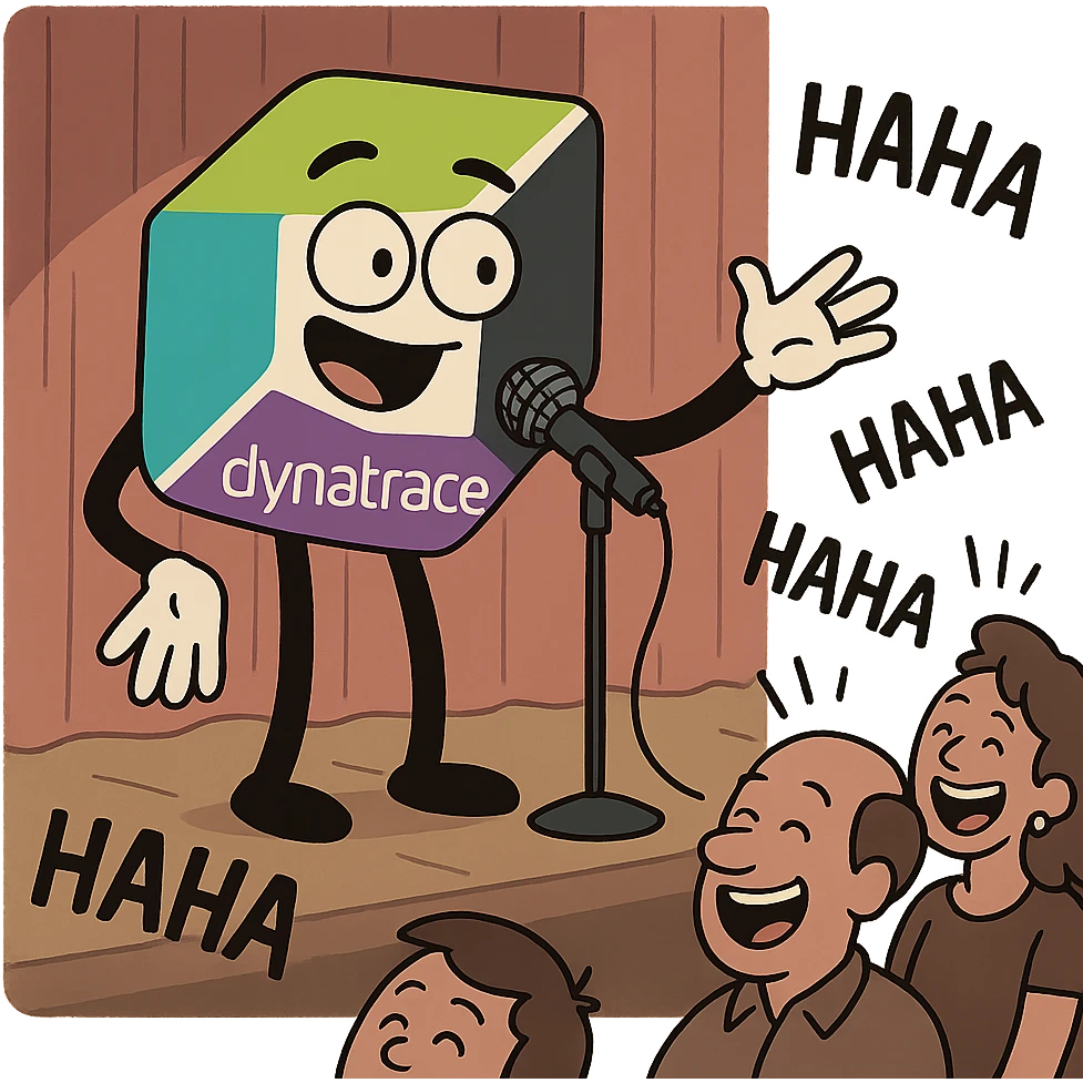 Dynatrace logo as a stand-up comedian on stage holding a microphone telling jokes with audience laughing emoji