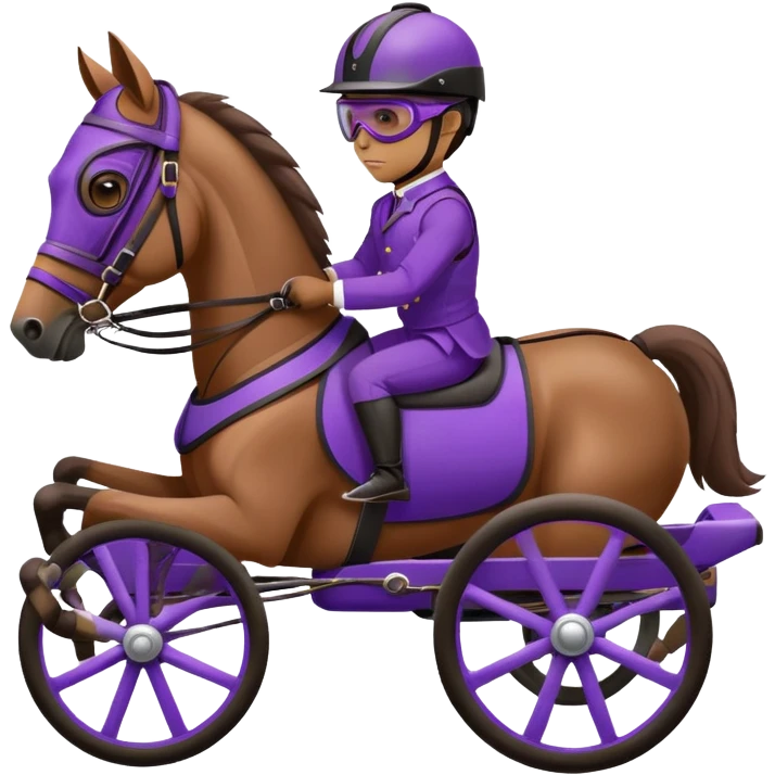 A brown harness racing horse. The sulky, a lightweight two-wheeled cart, is painted in black and attached to the horse’s harness. A driver, dressed in purple, is seated in the sulky not on the horse, wearing a purple helmet with goggles. emoji