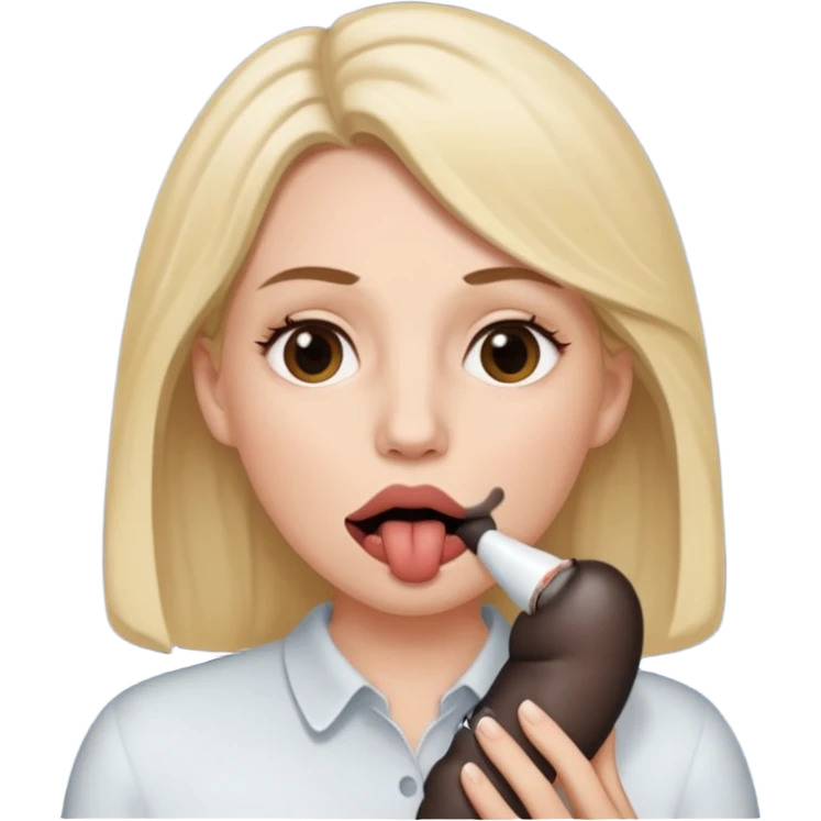 A white woman holding a dark penis in her mouth while white semen is on her face emoji