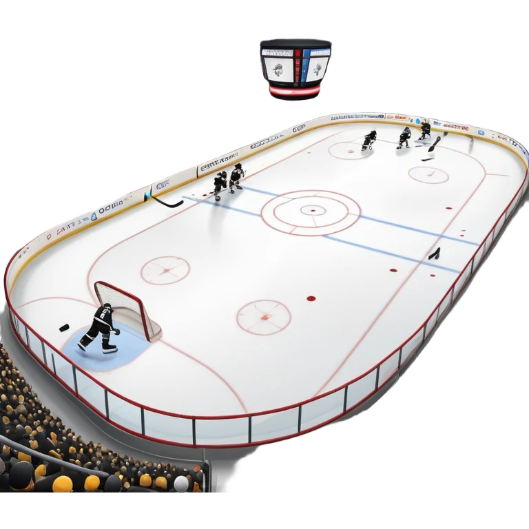 An icon featuring close-up shots of key hockey equipment: a hockey stick, puck, and skates. The background shows a packed stadium with cheering fans, bright arena lights, and an icy rink. Transparent background highlights the essentials of the game and the thrill of the sport. emoji