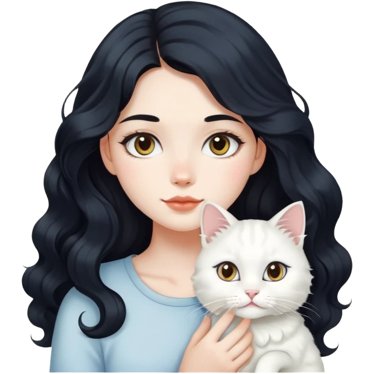 A beautiful girl with fair skin has long, big wavy black hair and a white cat with a round face. emoji