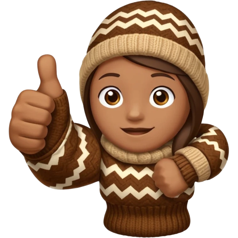 thumbs up fist, hand only, brown knit mitten with zig-zag beige pattern emoji