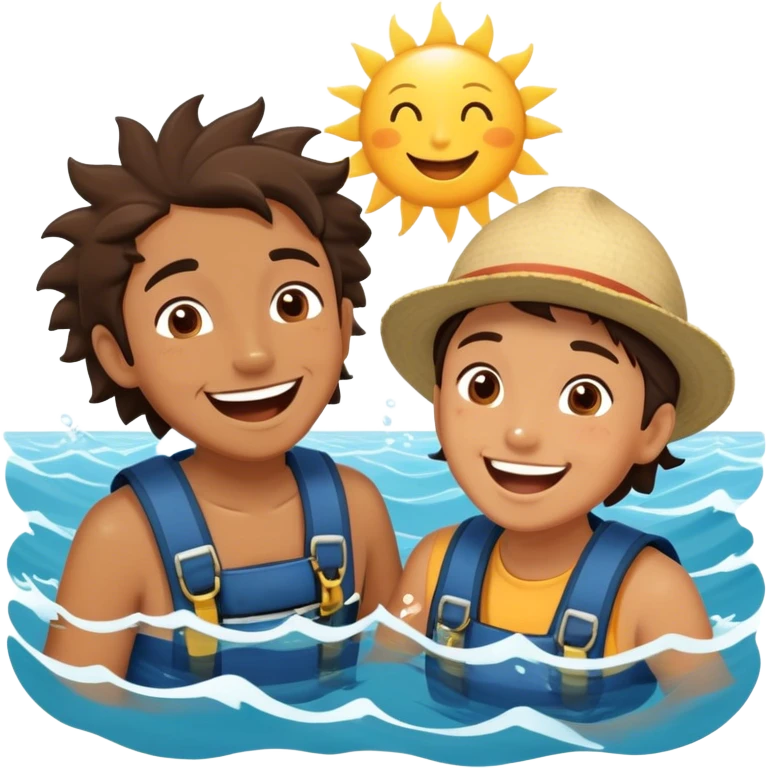 Two friends, as seafaring explorers, splash each other in the ocean, laughing as their eyes lock in pure joy and appreciation. The sun glistens on the water, highlighting their deep connection and the simple happiness of the moment.  emoji