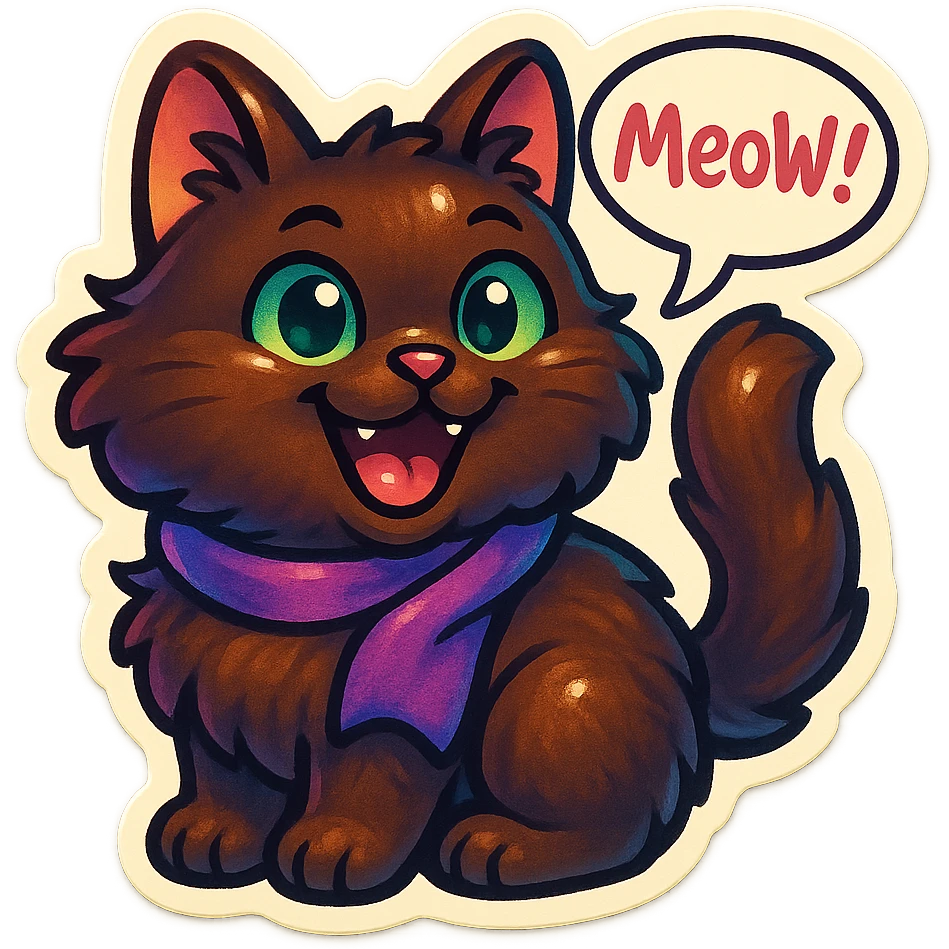 Fluffy cute derpy silly smiling happy dark-brown cat with green eyes and a purple scarf saying ‘mEoW~!’ (With a speech bubble) emoji