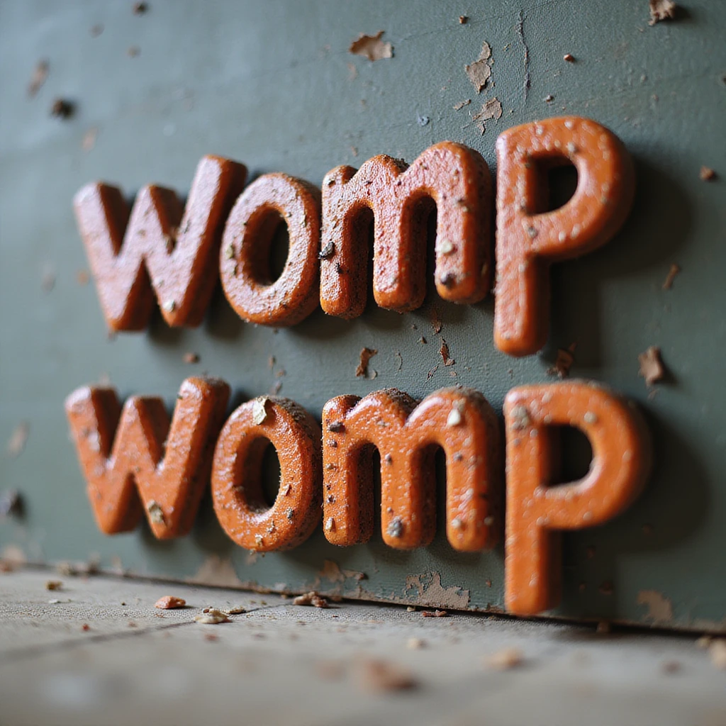 the words 'womp womp' in a realistic, photorealistic style, as if made from real physical materials, with natural lighting and subtle shadows, no cartoon effects emoji