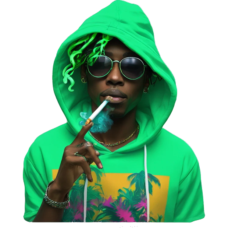 Multicoloured neon black and green graffiti person smoking wearing hoodie dancing hip hop bucket hat tropical Skater fashion aesthetic baggy clothes graphic t shirt 420 emoji