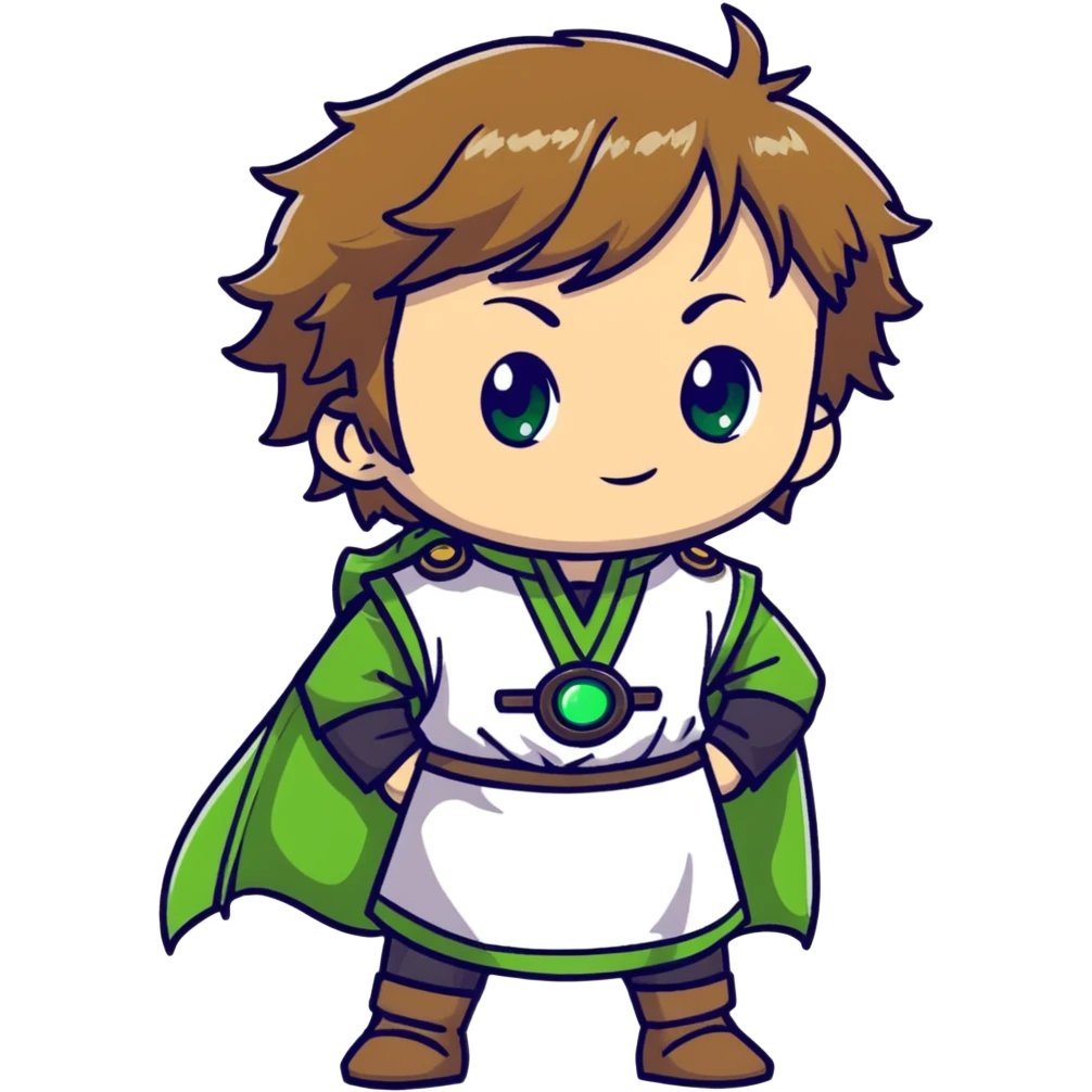 Young Rudeus Greyrat chibi, big green eyes, round face, messy light brown hair, wearing a tunic, cute and curious anime style emoji
