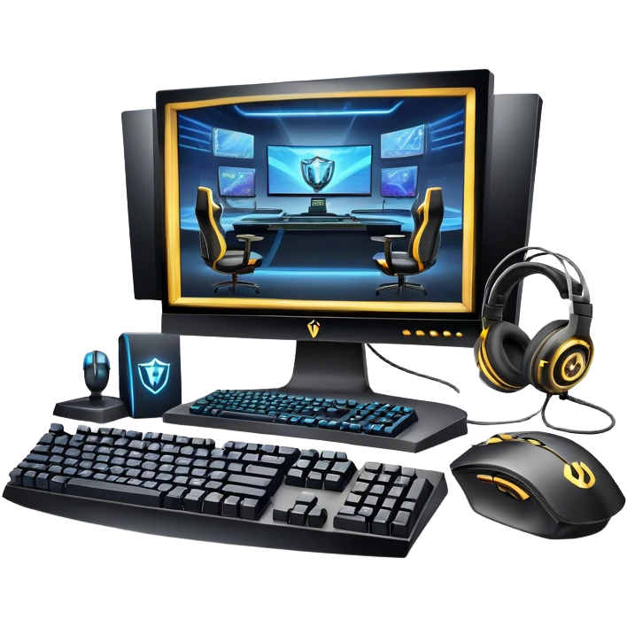 An icon featuring a gaming setup with a high-tech monitor displaying a competitive game, a keyboard, and a gaming mouse. The design includes a headset and a trophy, symbolizing victory and skill in esports. Transparent background highlights the energy and precision of professional gaming. emoji