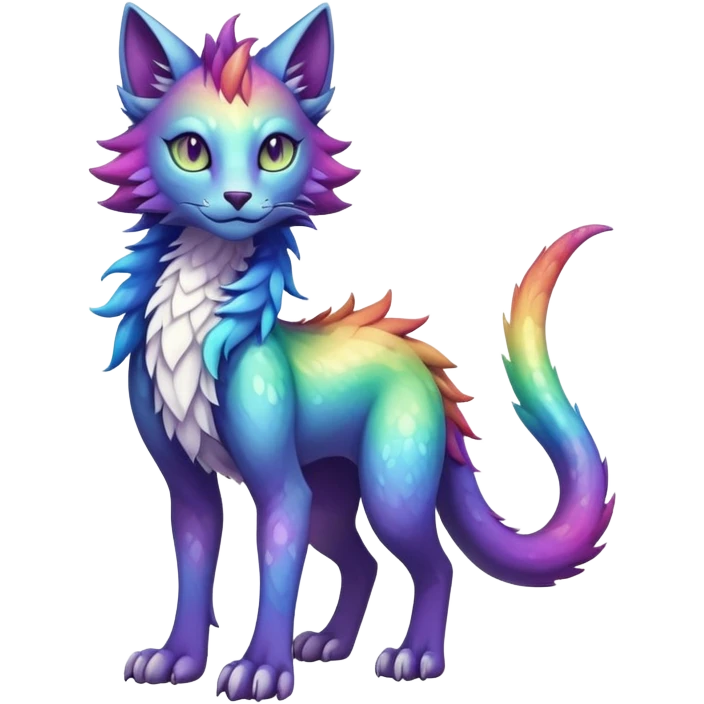Kawaii dark rainbow iridescent fantasy ethereal feline-vernid-sergal-fursona animal creature with a tufted tail full body with intricate markings emoji