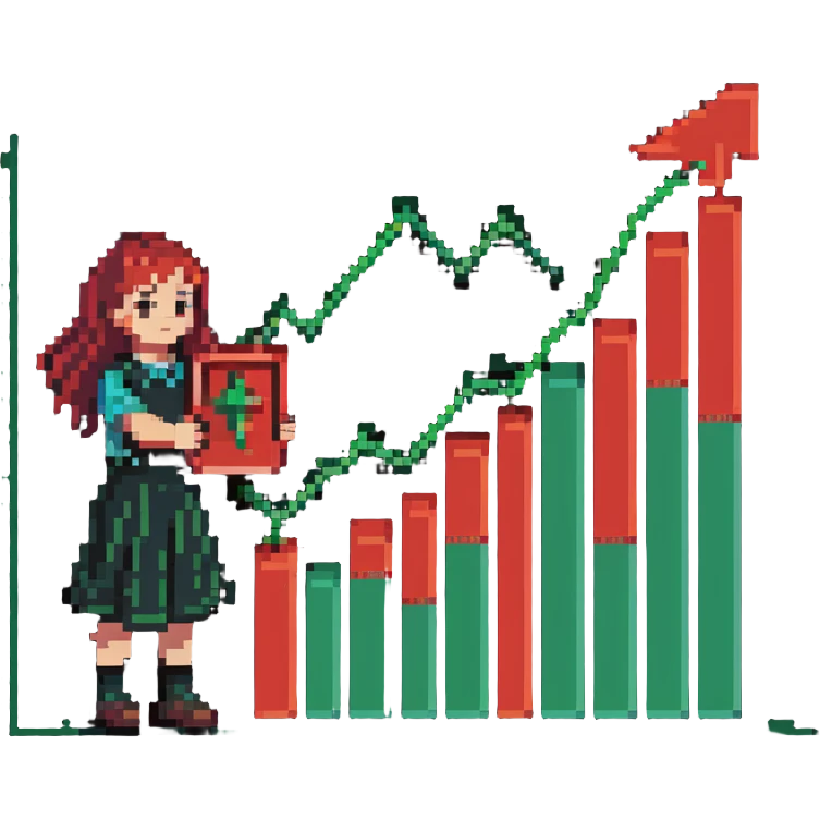Girl holding chart with rising green graph line in right hand and holding another chart with falling red graph line in left hand emoji