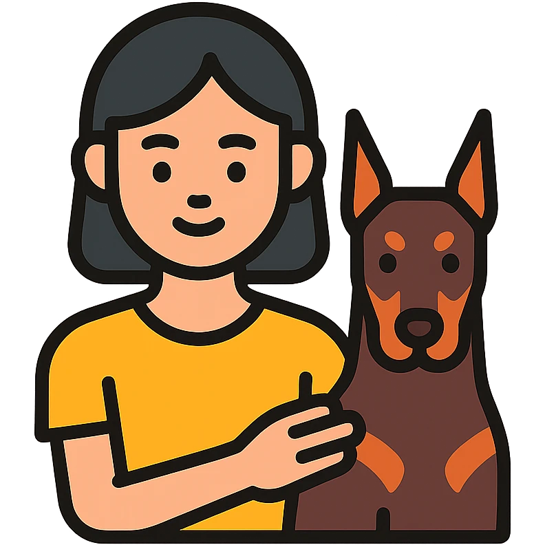 A medium black hair Asian girl holding a Doberman emoji