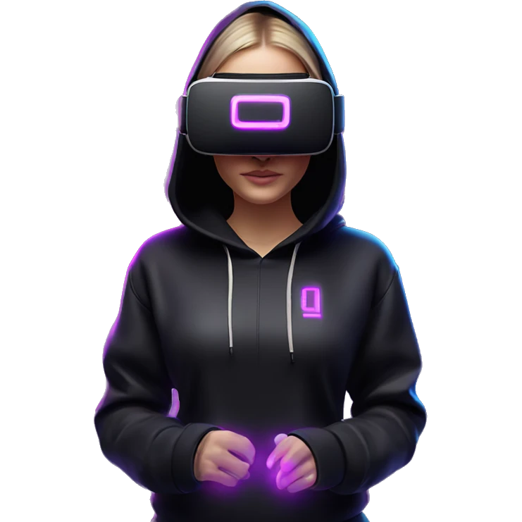 Russian girl wearing black hoody with violet letters "OMG", in vr headset oculus quest2. Standing like jedi. Cyberpunk style. Violet neon. emoji